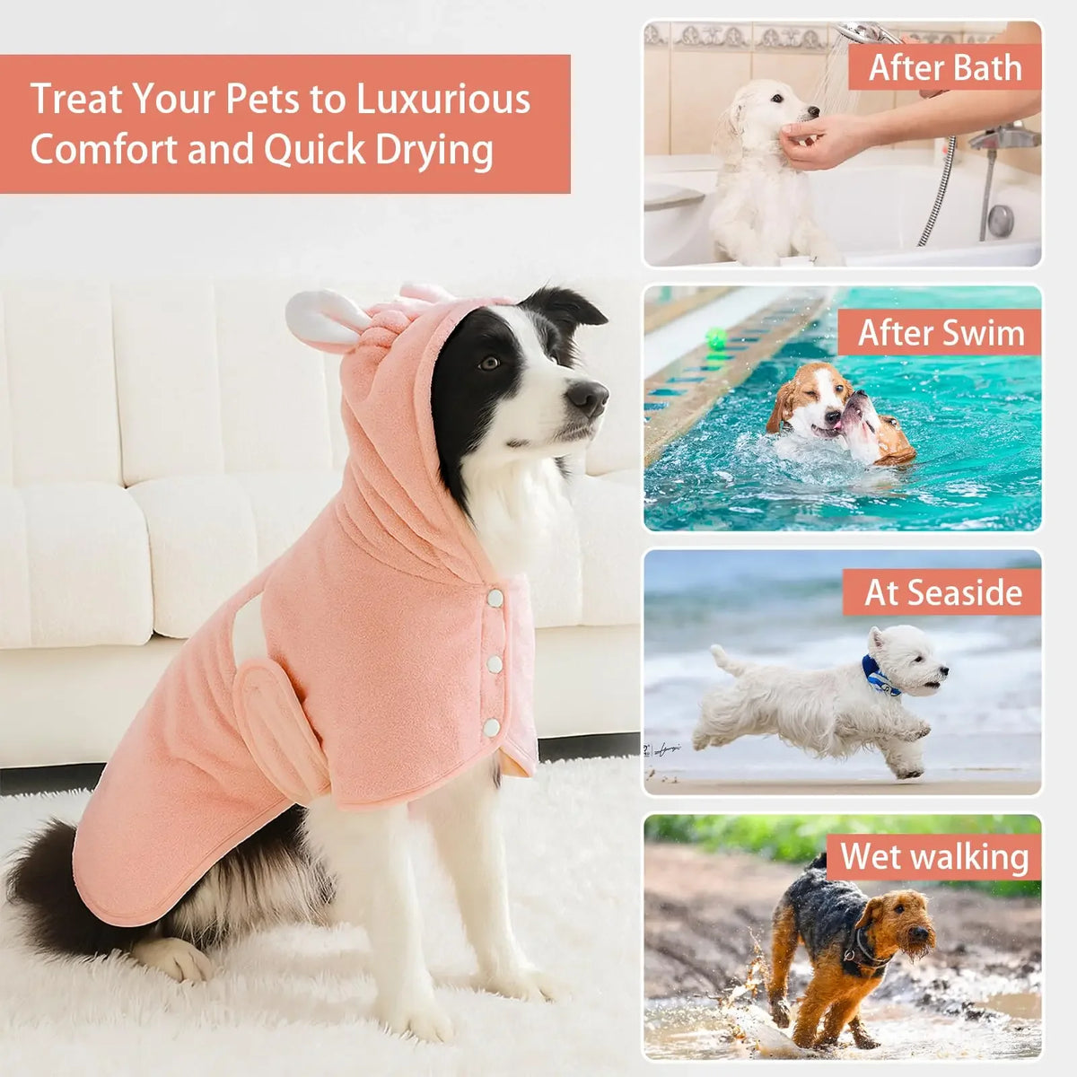 Pet Bathrobe for Dogs and Cats Super Absorbent Pet Dog Bath Towel Hooded Coat Adjustable Collar and Belly StrapXS To L