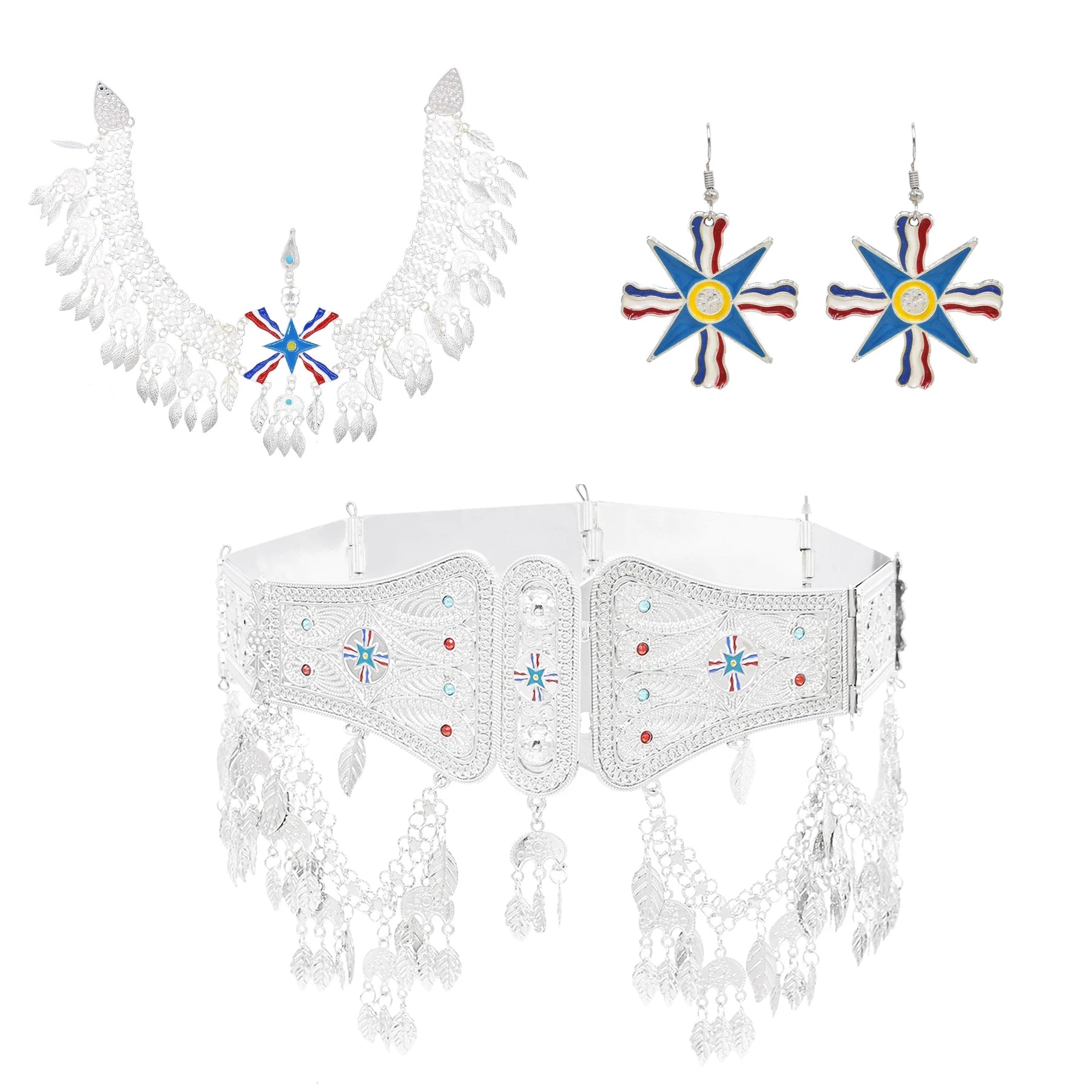Silver Plated Assyrian Belt Hair Accessories Earrings for Women Kurdish Assyria Ethnic Colorful Flag Leaf Tassel Jewelry Sets