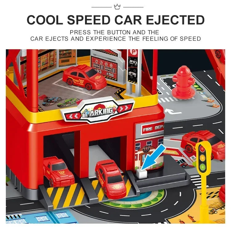 Kids Racing Track with Mini Cars Sliding Parking Lot Toys Multi-Storey Car Parking Fire Police Engineering Vehicle Boy Xmas Gift