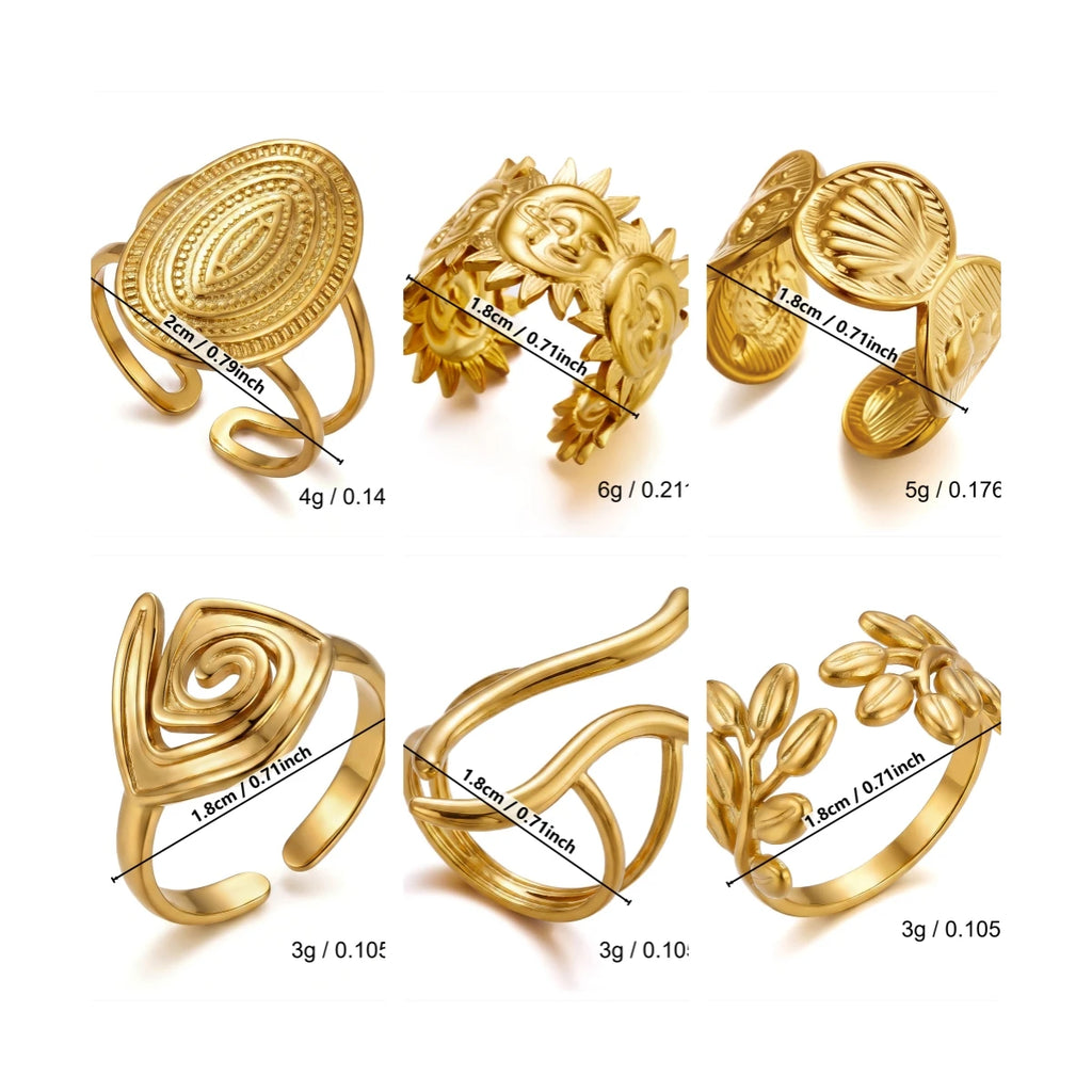 Gmai PVD Plated Stainless Steel Open Rings Set for Women Vintage Sun Leaf Shell Geometric Cuff Ring Hypoallergenic Jewelry Gift