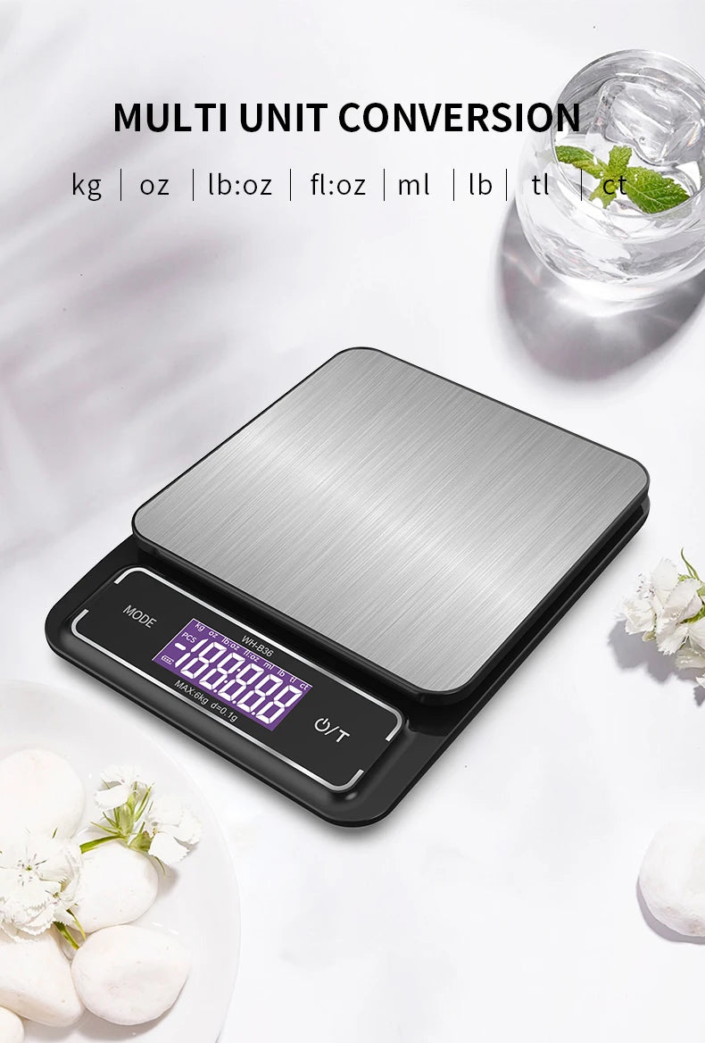 6kg/0.1g 10kg/1g Digital Electronic Kitchen Scale LCD Display Fully Waterproof Stainless Steel Measuring Weighing Baking Tool