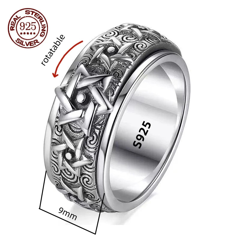 Rotatable S925 Sterling Silver Ring for Men  Vintage Retro Stars Auspicious Cloud Couple Band Women Index Finger Accessories