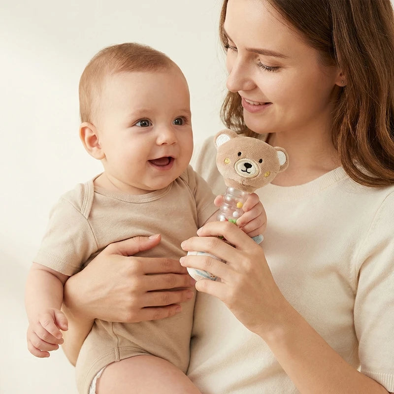 0-12Baby Bear Rattle Early Learning Educational Toy Sensory Soothing Soft Plush Animal Rattle for Crib Handheld Baby Toy Toddler