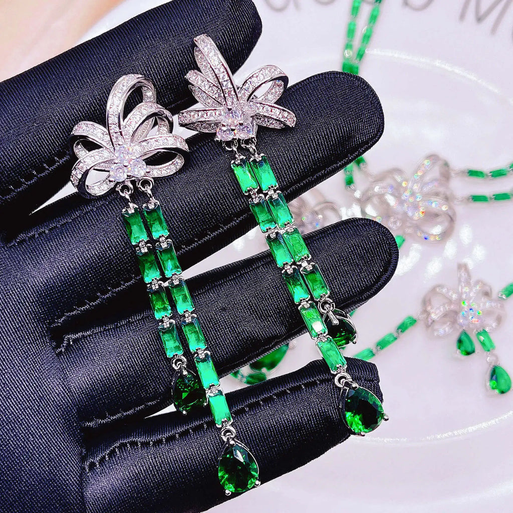 Luxury Micro-inlaid Full Zircon Long Tassel Earrings Bowknot Simulated Emerald Necklaces Bracelets Rings Jewelry Sets For Women