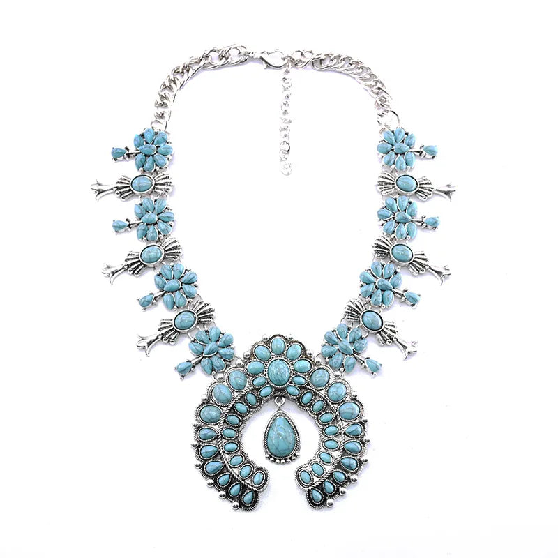 Navajo Indian Jewelry Set Costume Statement Red Turquoise Stone Resin Earrings and Western Squash Blossom Necklace for Women