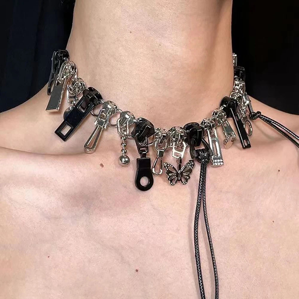 Cyber Punk Zipper Necklace Fringe Chain Head Y2k Hip Hop Choker Men's Women's Fashion Personality Jewelry Accessories