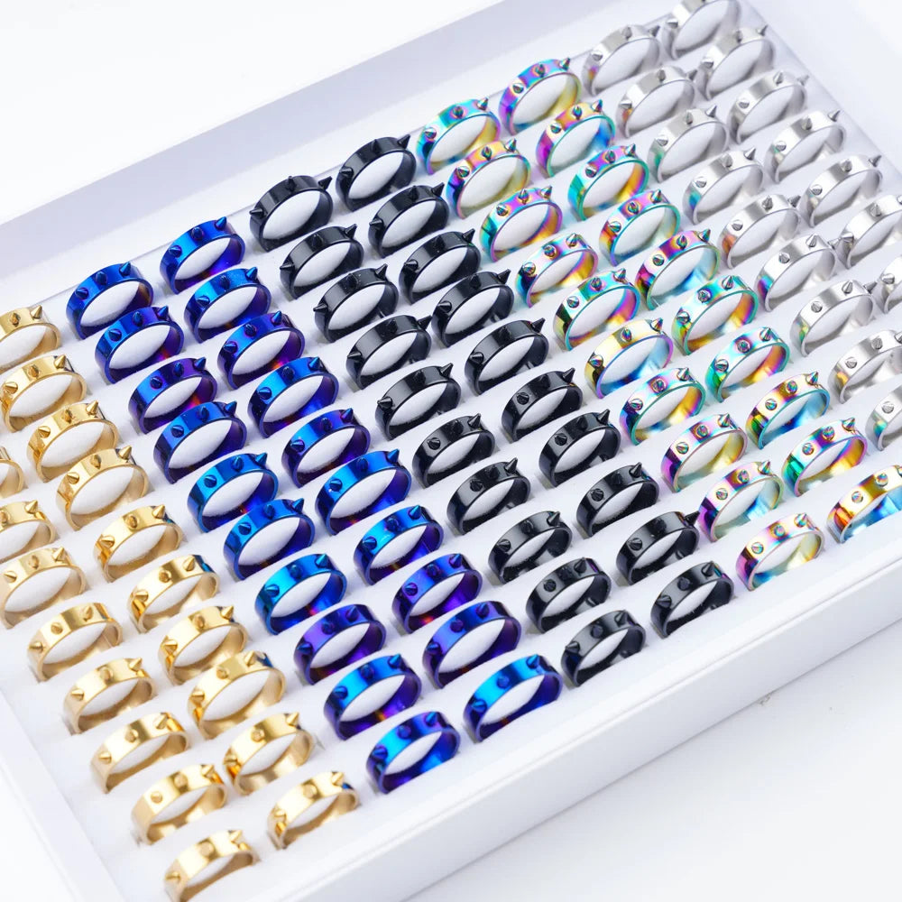 10/20/50/100Pcs/Lot Fashion Stainless Steel Stripe Heart Hollw Rings For Men Women Mix Style Simple Jewelry Party Gifts