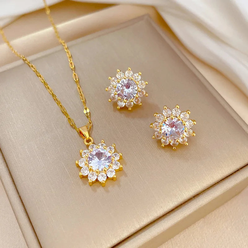 Stainless Steel Austrian Crystal Enamel Square Pendant Jewelry Sets Women African Costume Jewelry Maxi Necklace Earring Set