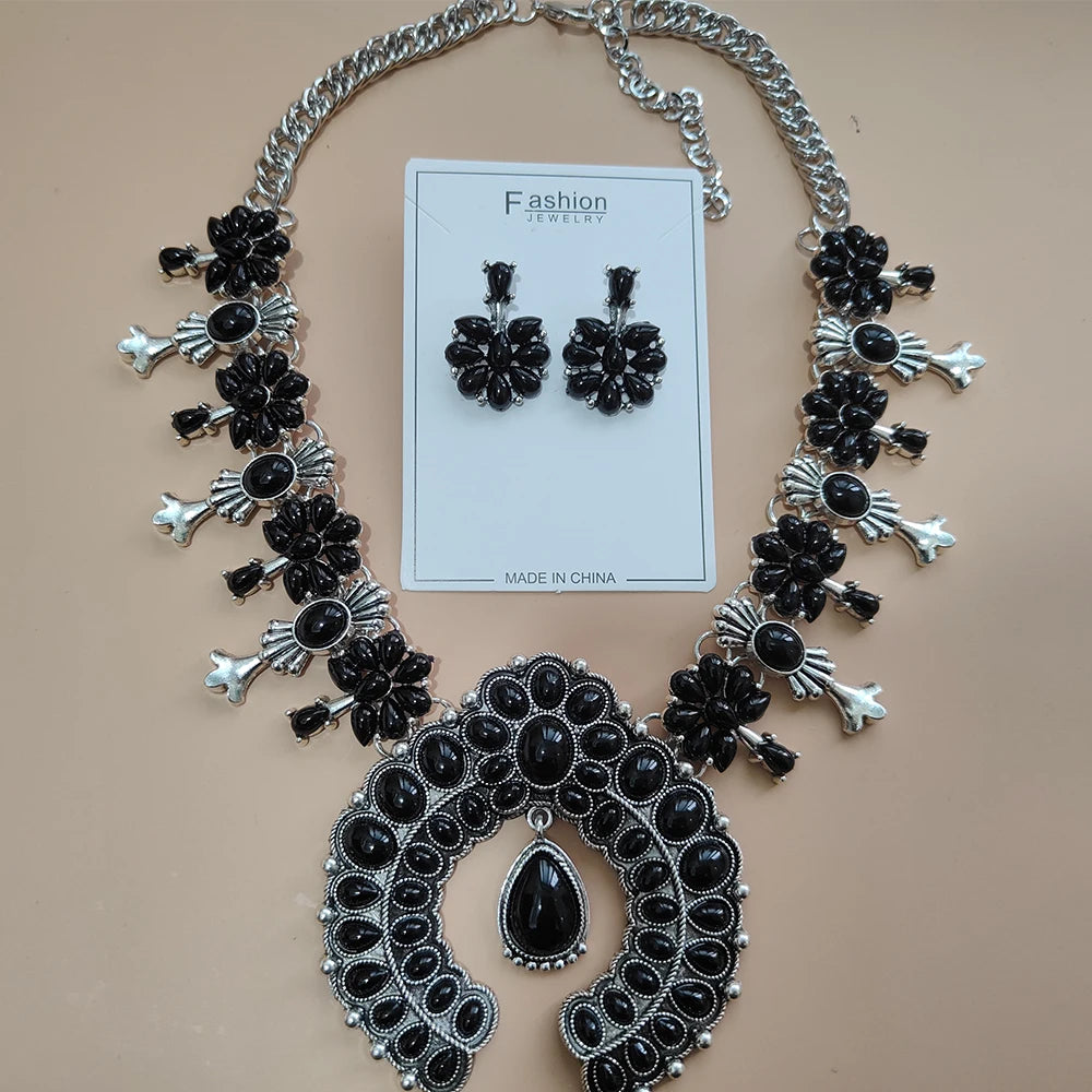 Navajo Indian Jewelry Set Costume Statement Red Turquoise Stone Resin Earrings and Western Squash Blossom Necklace for Women