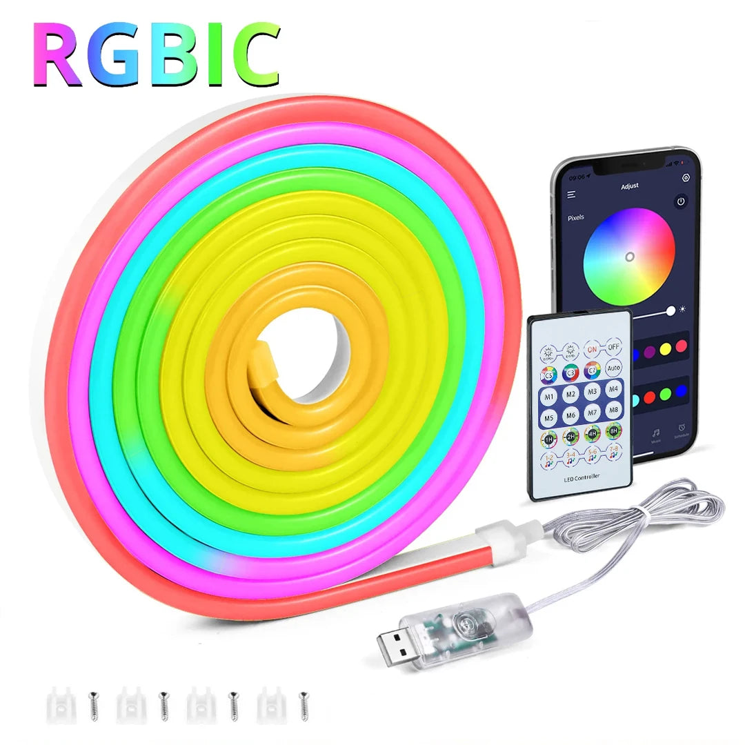5V RGBIC Neon LED Strip Bluetooth APP Control Music Sync Dream Color Chasing Light For Home Party Holiday Wall DIY Decoration