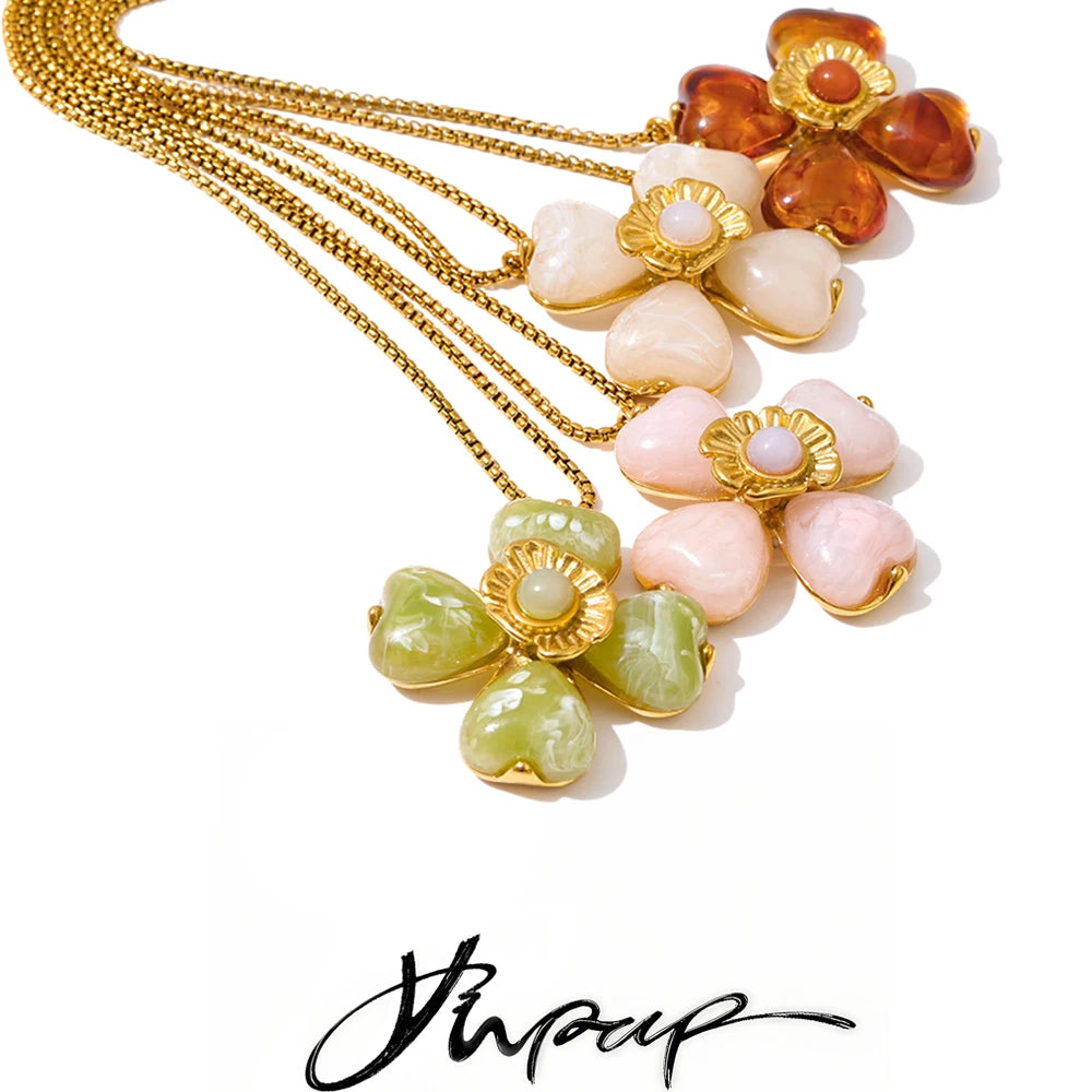 Yhpup Hot Style Acrylic Flower Pendant Necklace Earrings Ring Set for Women Stainless Steel Exquisite Jewelry Wholesale