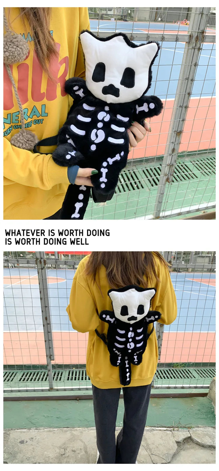 Skull Plush Backpack Gothic Water Bottle Bag Goth Doll Backpack Female Winter Furry Bag Skull Shape Bag Skeleton Birthday Gift