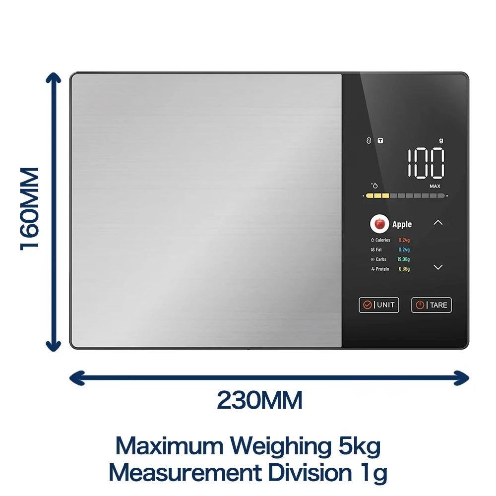 Smart Kitchen Scale Stainless Steel Food Calorie Protein Fat Carbs Nutritional Calculator 11LB/5kg Weight for Healthy Cooking