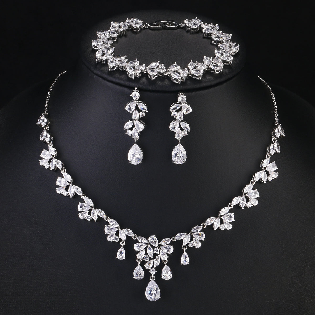 ZAKOL Luxury Cubic Zirconia Necklace Earrings Rings Set for Women Shinny Water Drop Leaf CZ Bridal Wedding Jewelry Sets