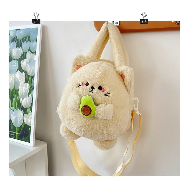 New Rabbit Kitten Plush Toy Backpack Stuffed Animal Rabbit Hold Peach Cat Hold Avocado Portable Shoulder Bag Girl Birthday Gifts