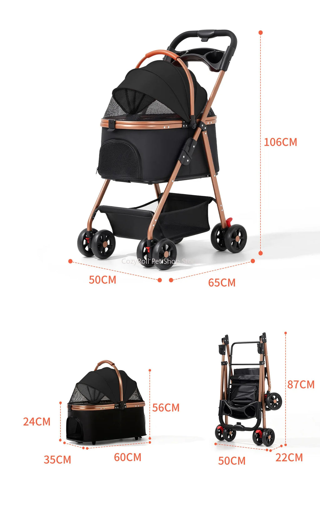 Lightweight Small Pet Stroller for Dogs & Cats 50 Lbs Capacity Aluminum Alloy Puppy Stroller with Detachable Storage Basket