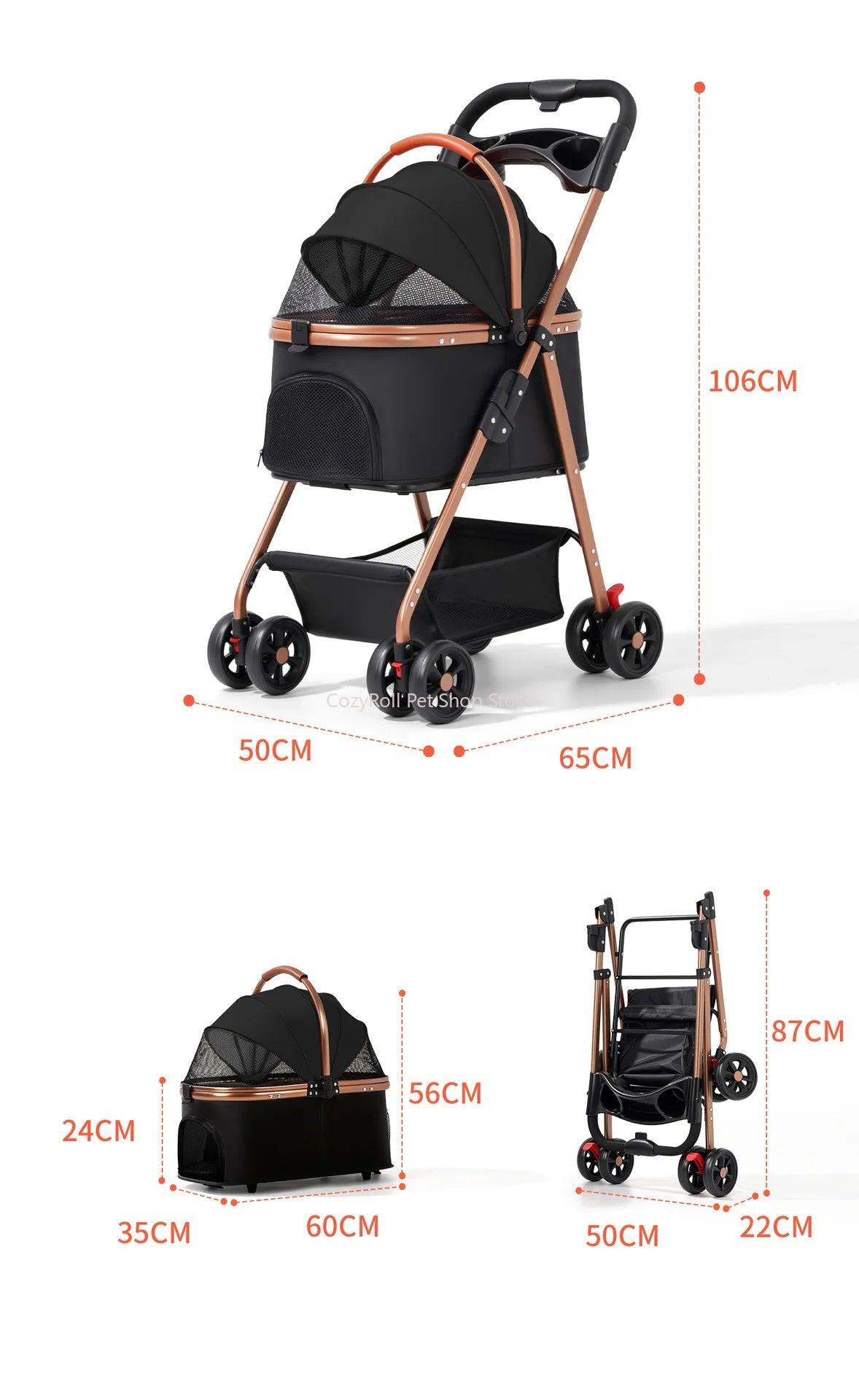 Lightweight Small Pet Stroller for Dogs & Cats 50 Lbs Capacity Aluminum Alloy Puppy Stroller with Detachable Storage Basket