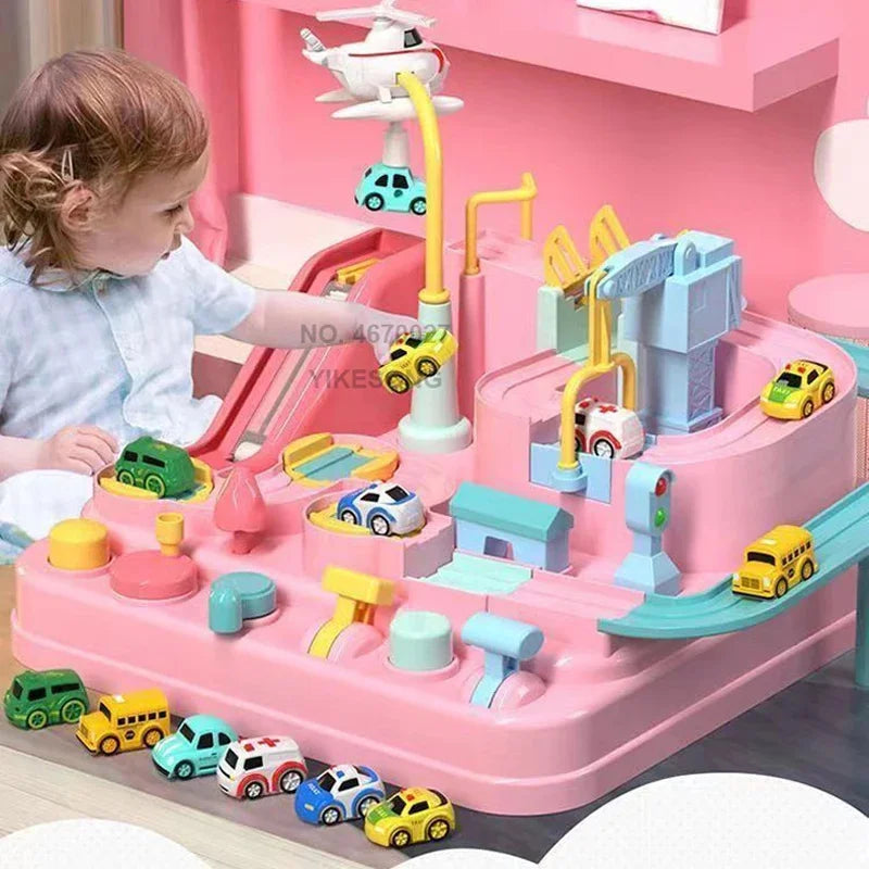 Hot Racing Rail Car Tracks Toy Game for Children Kids Train Board Adventure Parking Mechanical Toy for Boy Age 3+ Birthday Gift