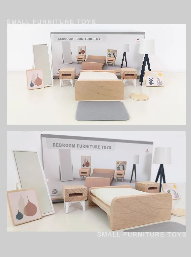 Wooden Play House Toy Set Mini Dollhouse Simulated Furniture Decoration Set Bedroom Kitchen Items Table And Chairs Accessorie
