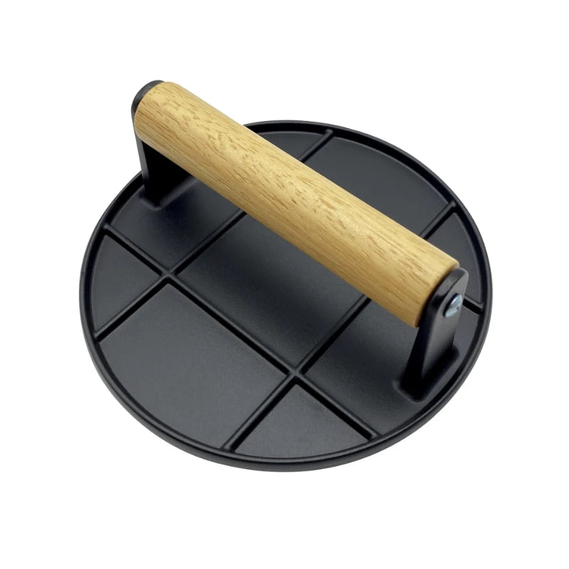 Cast Iron Burger Press Outdoor Non Stick Aluminum Alloy Rotundity Hand Meat Burger Press with Wooden Handle for Home Kitchen BBQ