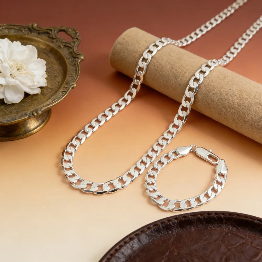 925 sterling silver 12MM side chain bracelet 23CM necklace jewelry set, suitable for men's daily wear