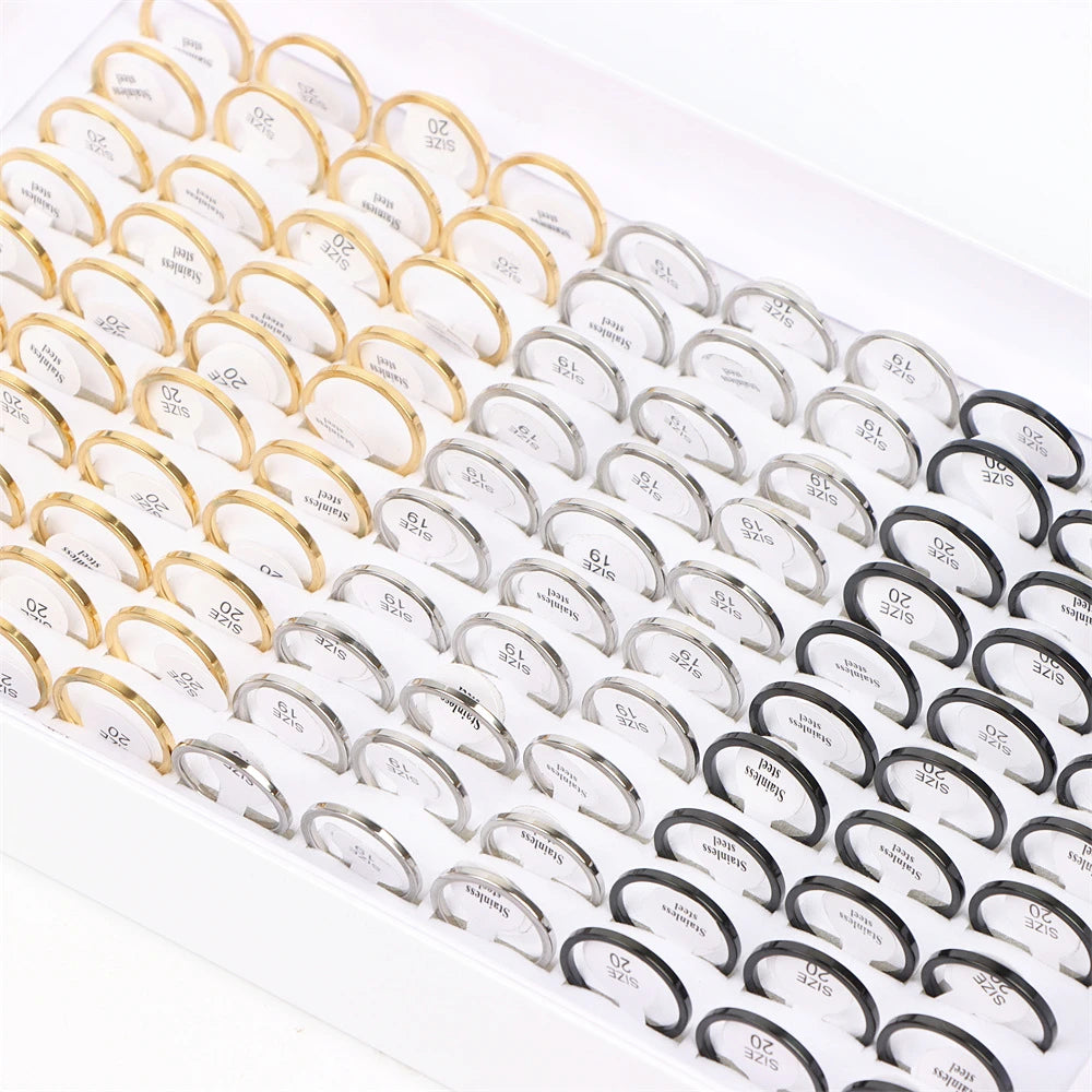 100Pcs/lot Fashion Smooth Stainless Steel Rings For Women Men Width 2-8mm Simple Lovers Jewelry Party