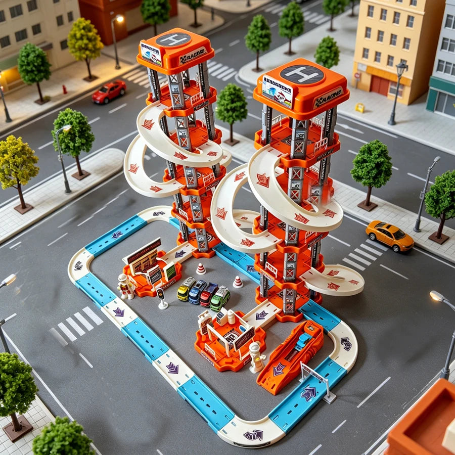 Boys' large five story parking lot toy, children's rail car toy set, suitable for boys' birthday gifts