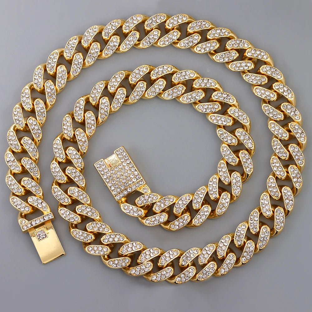 13/14/20MM HipHop Iced Out Chain Cuban Link Chain Necklace For Men Gold Silver Color Rhinestone Pave Men's Birthday Jewelry Gift