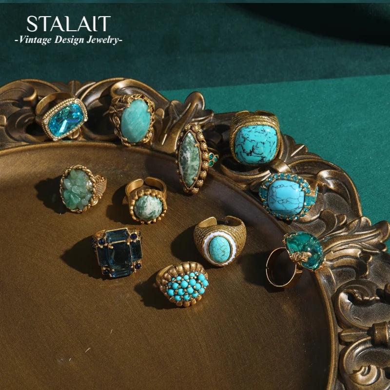 Vintage Wedding Rings for Women Round Blue Natural Oval Green Crystal Horse Eye Shape Glass Retro Pattern Gold Color Jewelry
