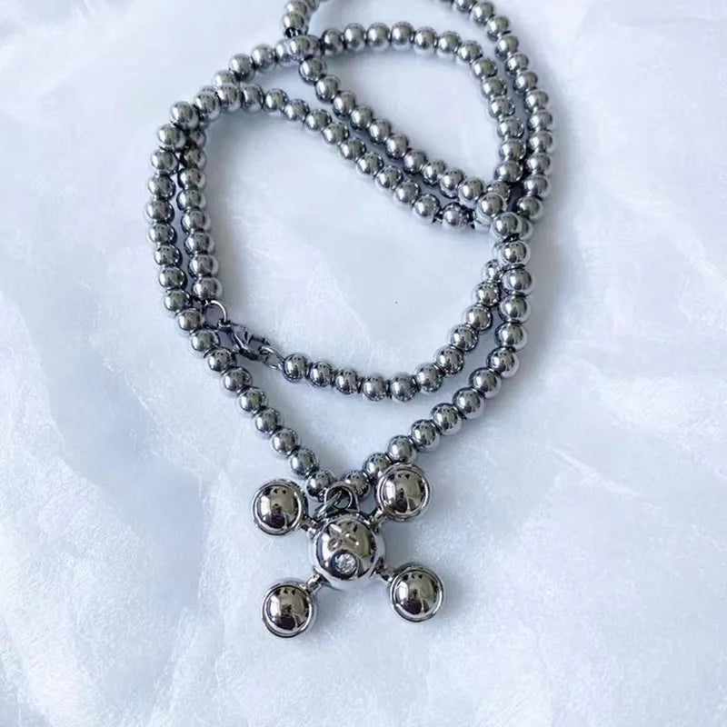 Fashion Stainless Steel Round Bead Chain Quadangle Ball Pendant  For Men Women Personality Niche Design Sense Necklace Gift
