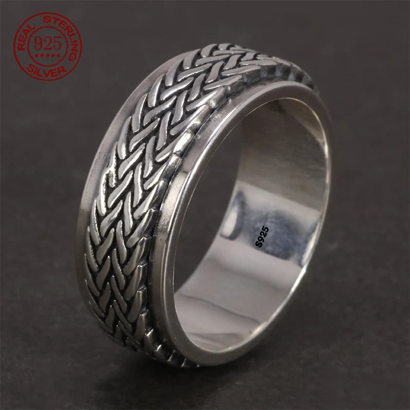 Rotatable S925 Sterling Silver Ring for Men  Vintage Retro Stars Auspicious Cloud Couple Band Women Index Finger Accessories