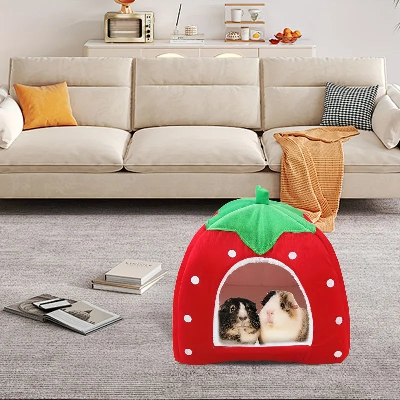 All-Season Removable and Washable Guinea Pig Rabbit Small Pet Warm Hideout VillaType Semi-Enclosed Strawberry Nest Small Pet Bed