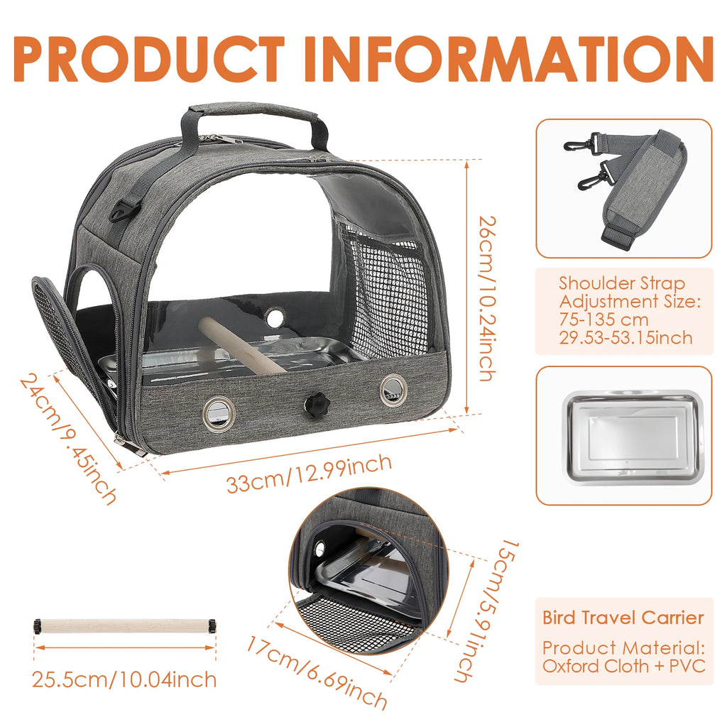 Portable Bird Cage Parrot Carrier with Tray Travel Clear Window Bird Pet Backpack for Parakeet Lovebird Cockatiel Travel Bag
