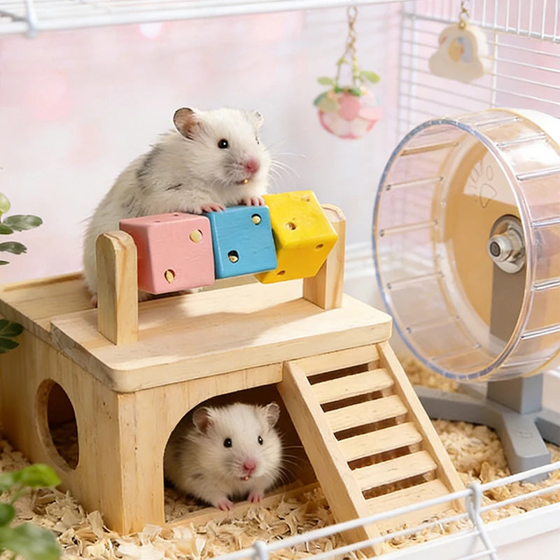 Wooden Hamster Fun Cube Chew Toy Colorful Natural Wood Teeth Grinding Toy Hideout Plaything for Syrian Hamster
