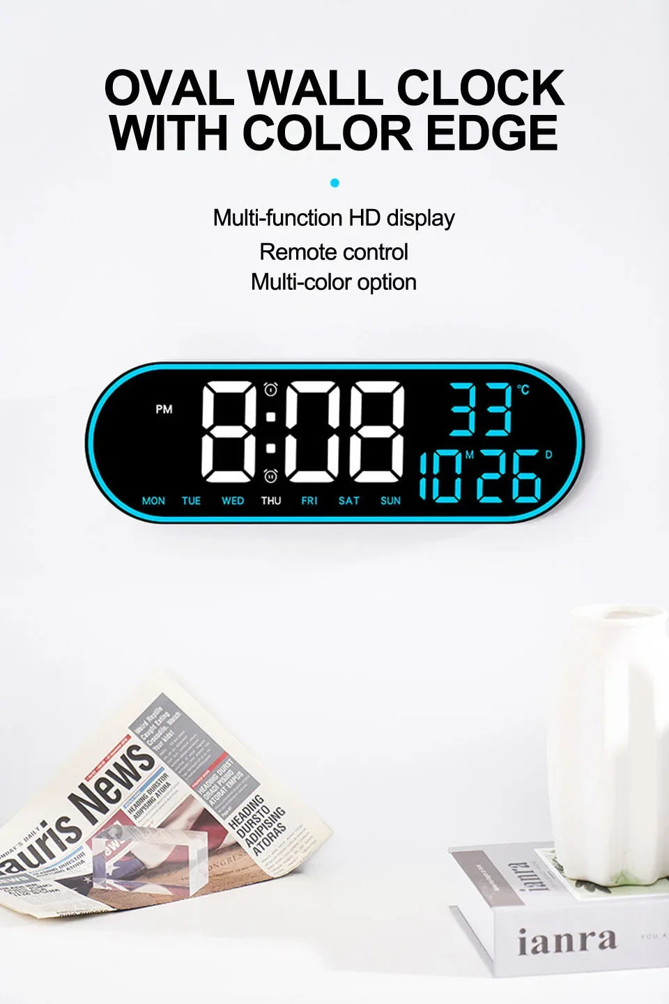 LED Digital Wall Clock Remote Control Electronic Mute Clock with Temperature Date Week Display 15-inch Timing Function Clock
