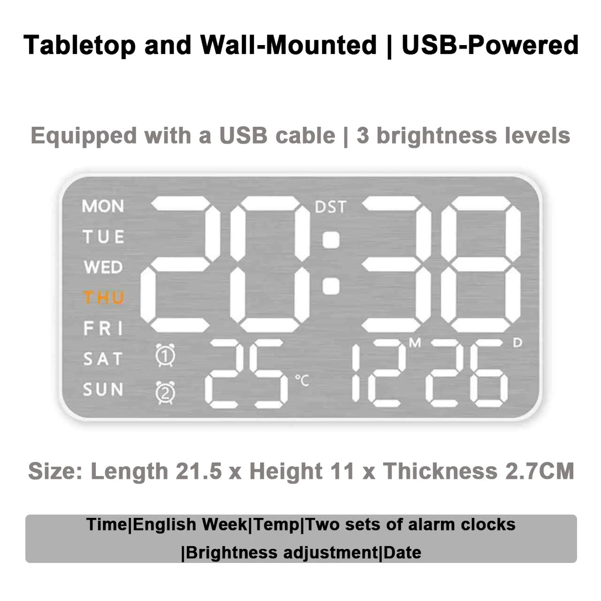 Mirror Brushed Finish Wall Clock Premium Feel Silent Wall Clock Table Alarm Clock Temp Display Bedroom Office Living Room Decor