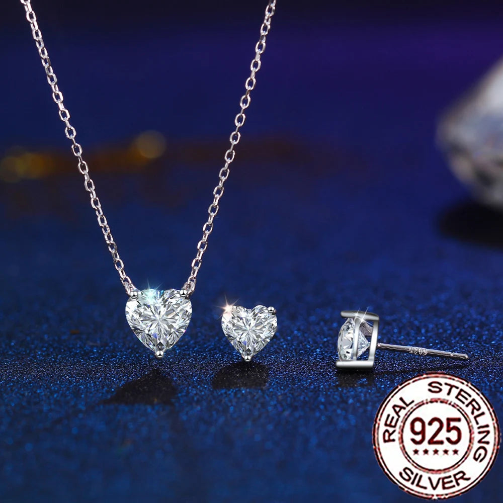 QooLady 925 Sterling Silver Shiny CZ Heart Shape Pendant Necklace Earrings for Women Fine Wedding Party Jewelry Sets Gift ST022