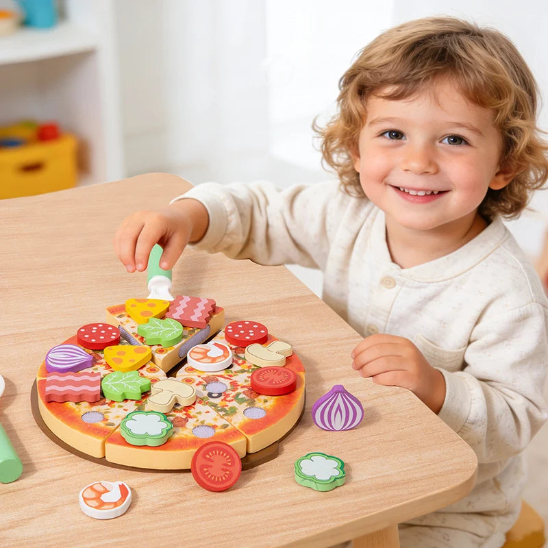 Wooden Simulated Cutting Pizza Pretend Play Toy Educational Kitchen Cooking House Color Recognition Game for Kids 2 Years Gift