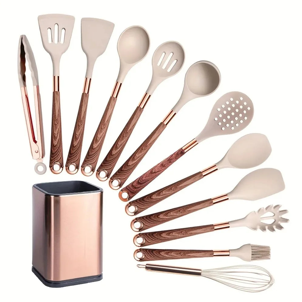 Gold Plated Handle Silicone Cooking Utensils Set Kitchen Non-stick Tool Gadgets BPA FREE Kitchenware Heat Resistant Spatula Set