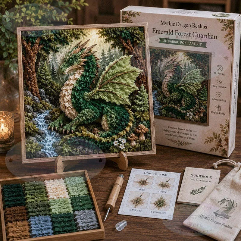 Mythic Dragon Realms 3D Fabric Poke Art Kit, DIY Punch Needle Dragon Craft Kit with Wooden Frame, Fantasy Dragon Home Decor