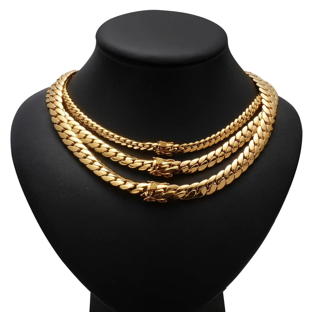 18K Gold Plated Waterproof Stainless Steel Bracelet Necklace Men Hiphop Cuban Whip Chain Necklace 6mm/ 8.8mm/9.6mm 16" 18" 24"