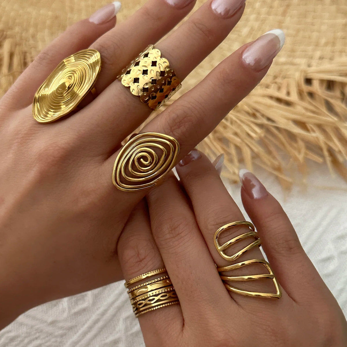 Gmai PVD Plated Stainless Steel Open Rings Set for Women Vintage Sun Leaf Shell Geometric Cuff Ring Hypoallergenic Jewelry Gift