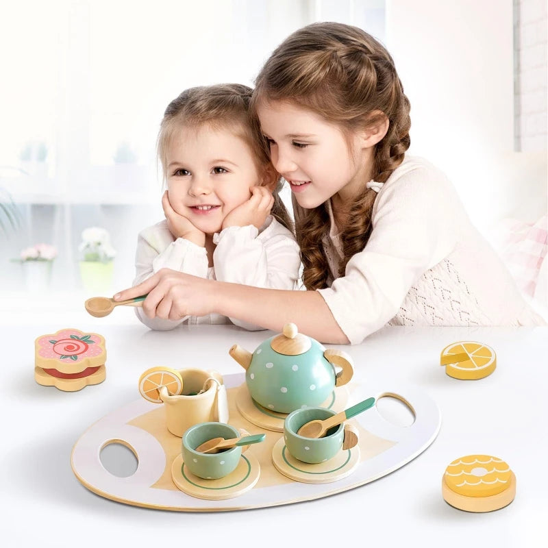 Girls Toys Wooden Afternoon Tea Set Children's Toy Kitchen  Pretend Play Set Toaster Coffee Maker Ice Cream Kids Educational Toy