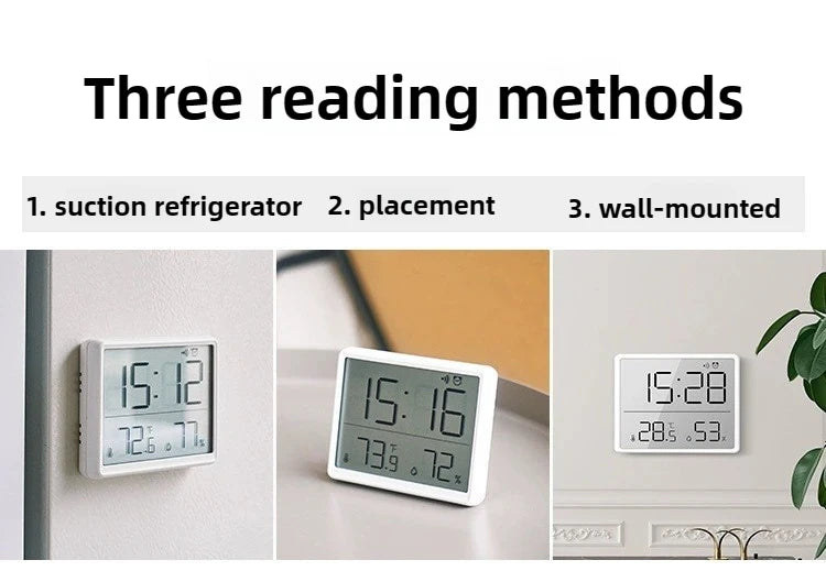 3-in-1 Smart Digital Clock - Temperature & Humidity Display + Alarm - Ultra-Thin Adhesive Mount for Wall or Tabletop Use