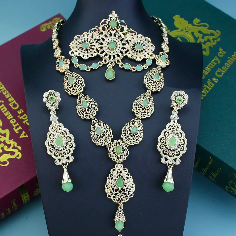 Sunspicems Chic Arabic Bride Jewelry Sets For Women Gold Color Crystal Morocco Belt Necklace Caftan Brooch Earring Muslim Sets