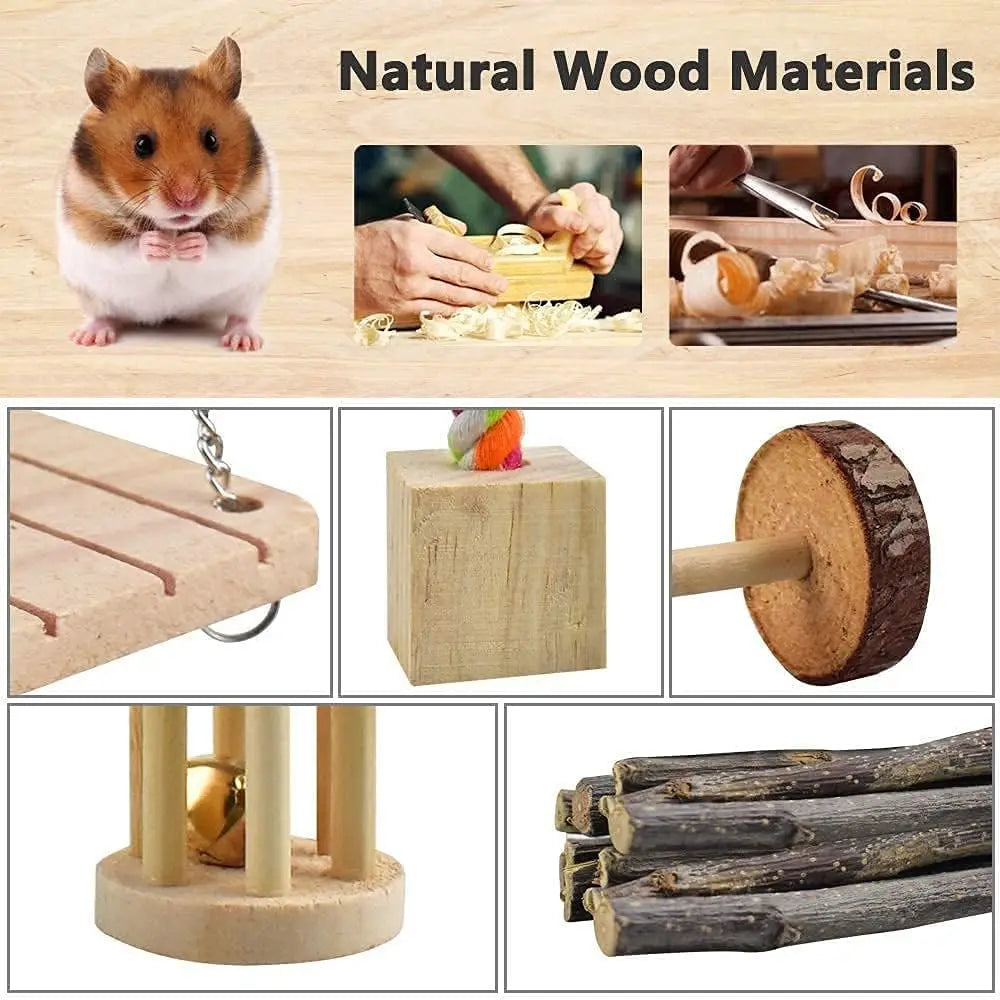 Cute Rabbit Roller Toys Natural Wooden Pine Dumbells Unicycle Bell Chew Toys For Guinea Pigs Rat Small Pet Molars Supplies
