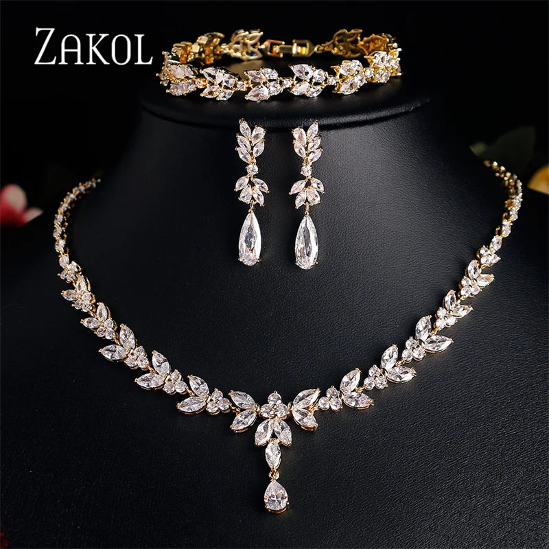 ZAKOL Luxury Brilliant Zirconia Leaf Necklace Earrings Rings Bracelets Set for Women CZ Drop Bridal Wedding Jewelry Sets New