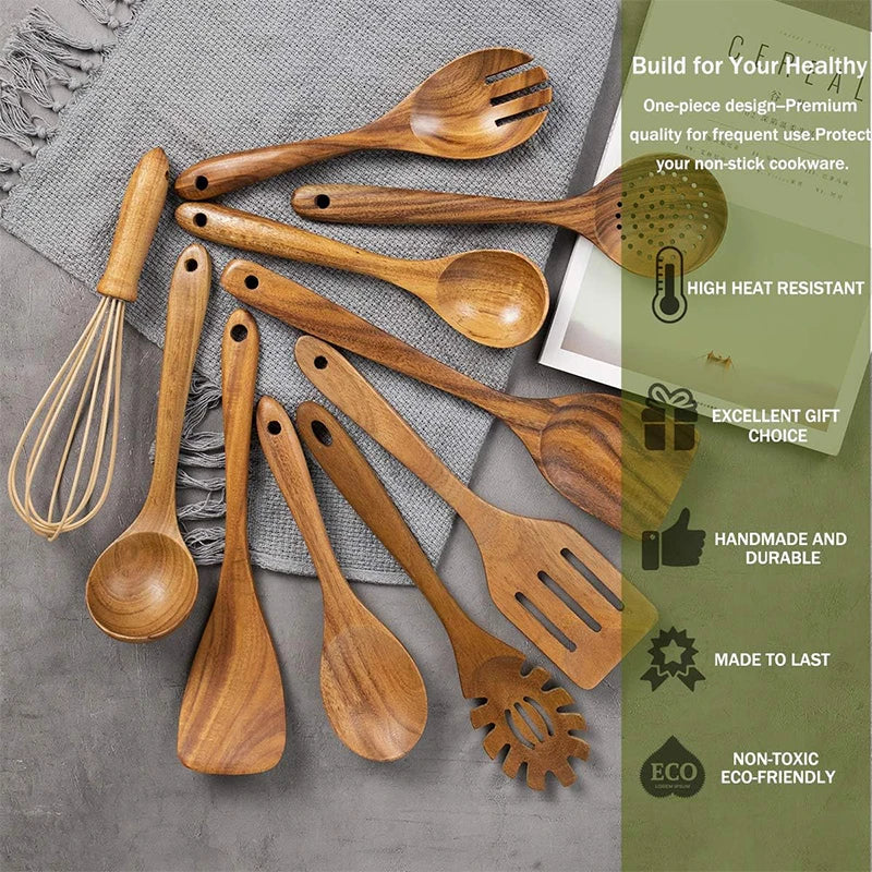 LMETJMA 10 Pack Natural Teak Wooden Kitchen Utensil Set Wooden Spoons Spatula Cooking Utensil Set For Cooking Baking JT503
