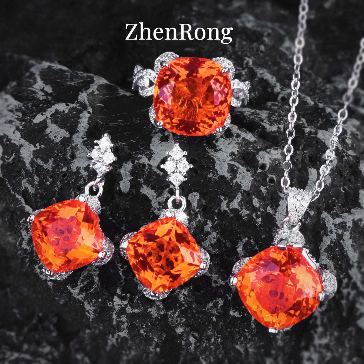 New Women Luxury Simple Bridal Wedding Jewelry Sets 15 Carat Artificial Blue Green Moissanite Pendant Necklaces Earrings Rings