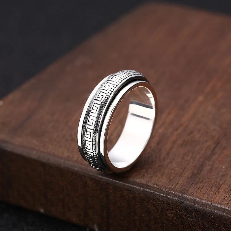 Factory Price S925 Sterling Silver Great Wall Pattern Spinner Ring Men Women Real Silver Double-layer Rotatable Rings Jewelry